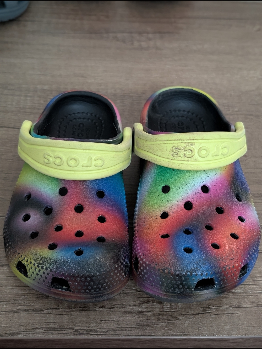 CROCS Kids Rainbow Tie-Dye Clogs with Yellow Straps